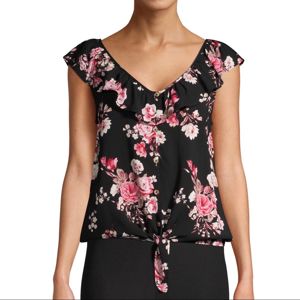 3/$20 Ruffle Sleeveless Blouse, Black Floral - Picture 2 of 10